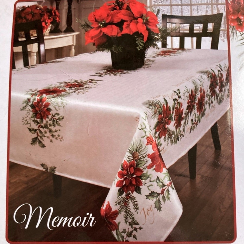 New Memoir Oblong Christmas Tablecloth Textured Red Poinsettias Holly 60X 120